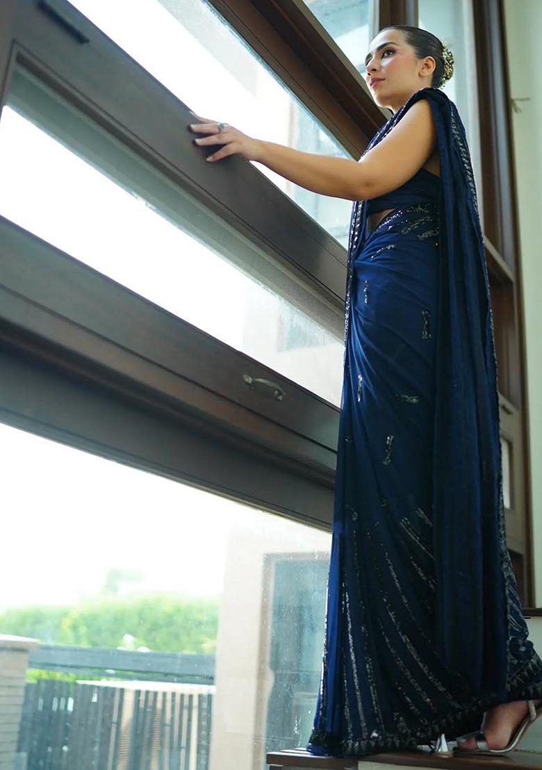 Blue Embroidered Faux Georgette Saree Set - Indya