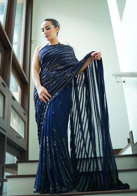 Blue Embroidered Faux Georgette Saree Set