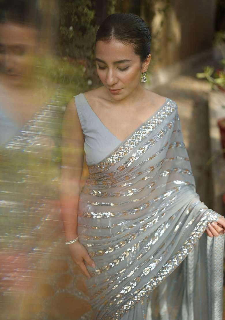 Grey Embroidered Faux Georgette Saree Set for Diwali and Festive Wear - Indya