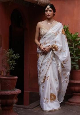 White Embroidered Art Silk Saree Set