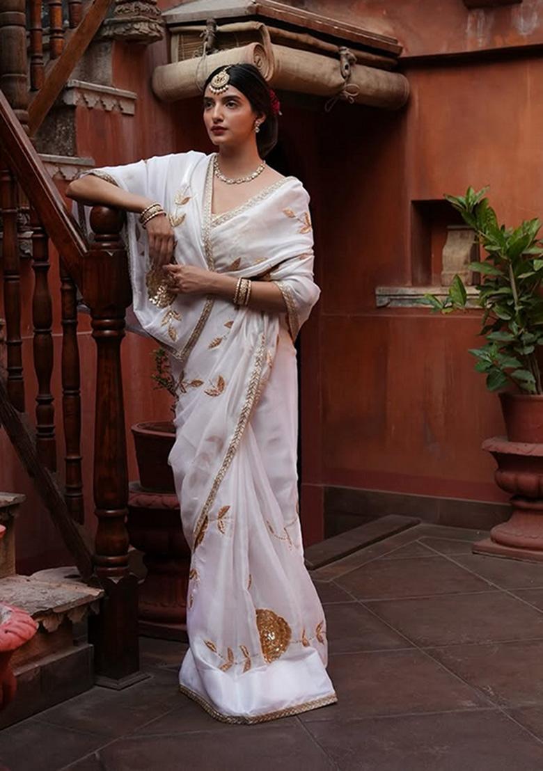 White Embroidered Art Silk Saree Set - Indya