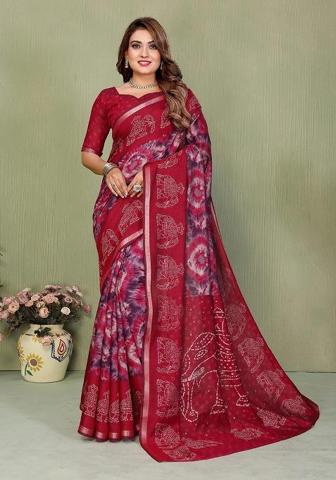 Maroon Printed Blended Cotton Saree Set