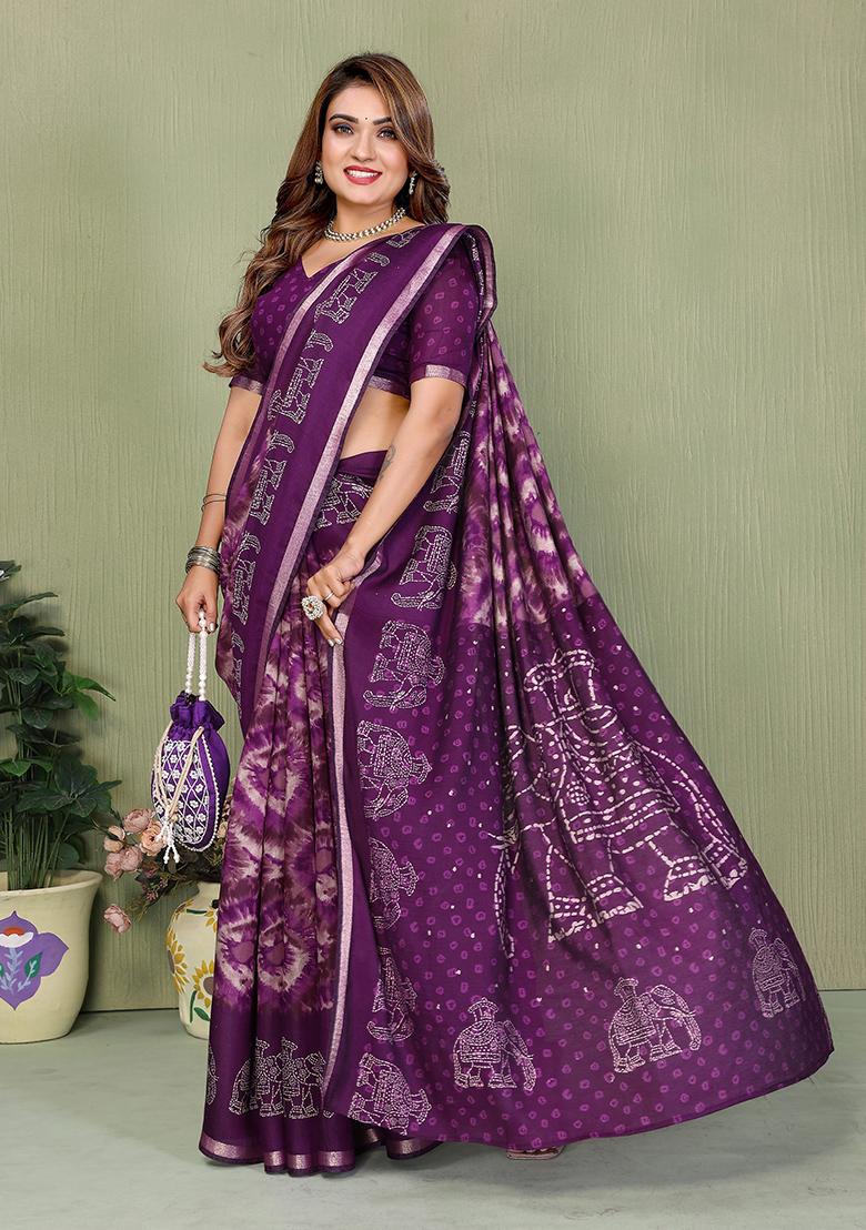 Purple Printed Blended Cotton Saree Set - Indya