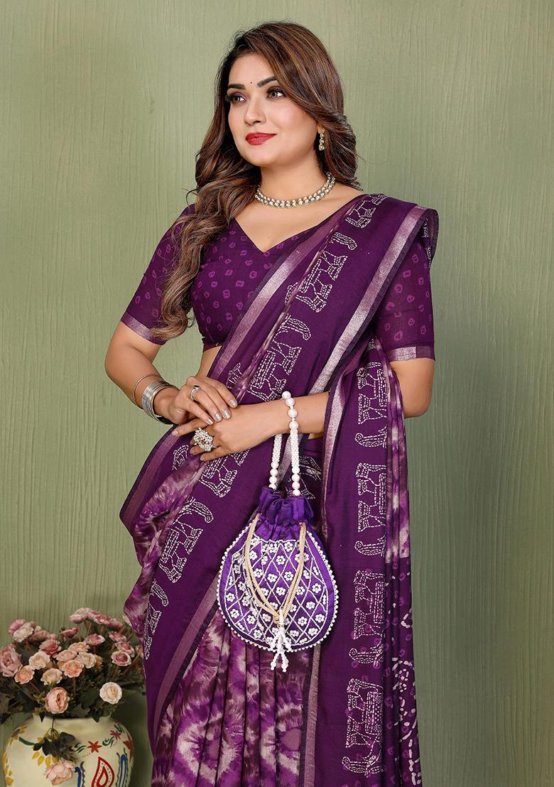 Purple Printed Blended Cotton Saree Set - Indya