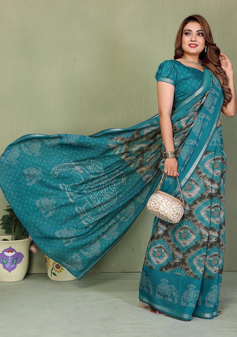 Teal Printed Blended Cotton Saree Set - Indya