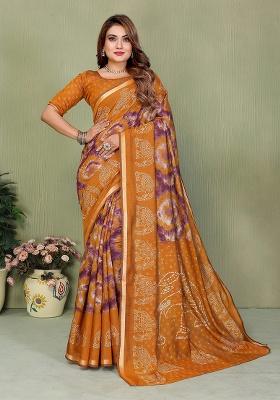 Mustard Printed Blended Cotton Saree Set