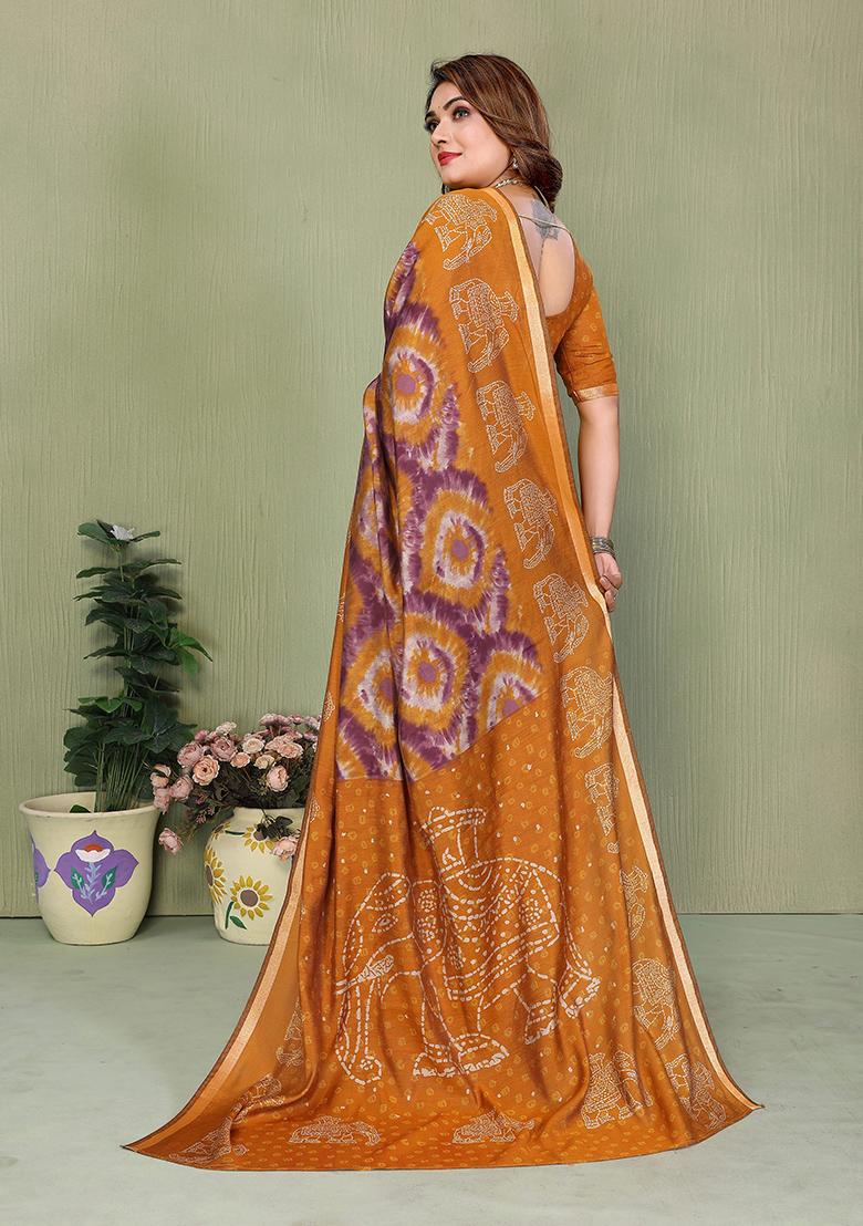 Mustard Printed Blended Cotton Saree Set - Indya