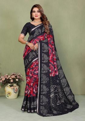 Black Printed Blended Cotton Saree Set
