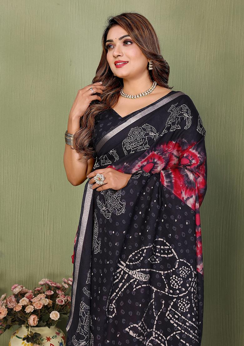 Black Printed Blended Cotton Saree Set - Indya