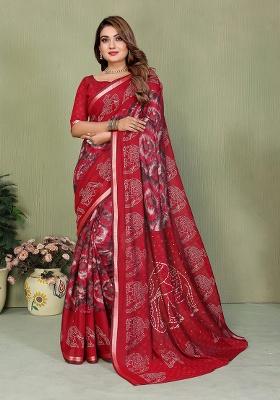 Red Printed Blended Cotton Saree Set
