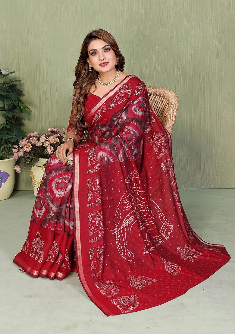 Red Printed Blended Cotton Saree Set - Indya