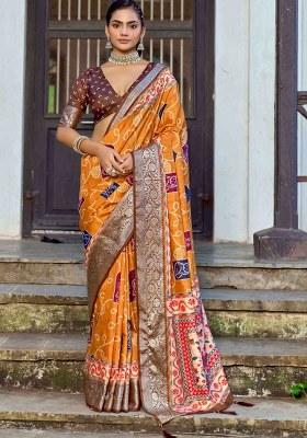 Orange Printed Silk Blend Saree Set