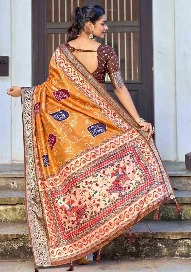 Orange Printed Silk Blend Saree Set - Indya