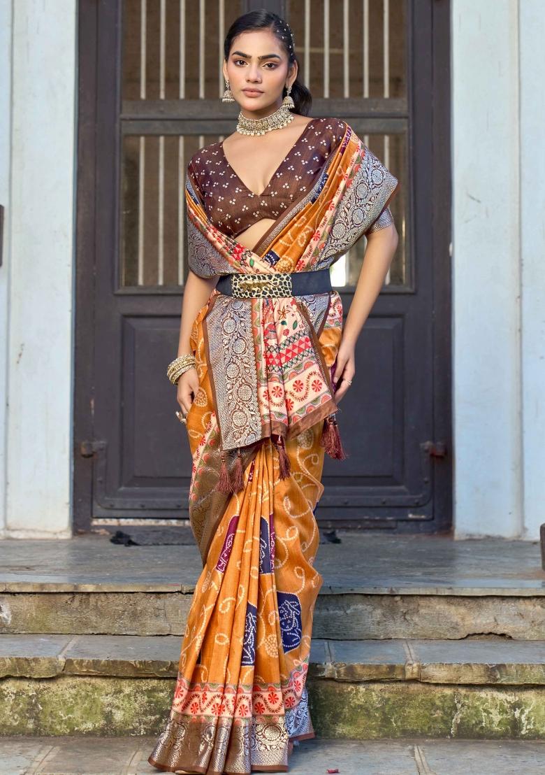 Orange Printed Silk Blend Saree Set - Indya