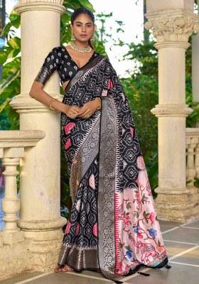 Black Printed Silk Blend Saree Set