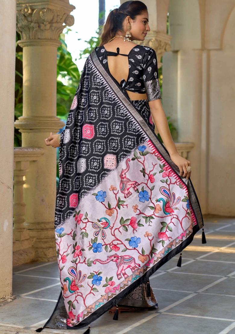 Black Printed Silk Blend Saree Set - Indya
