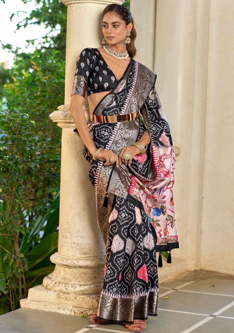 Black Printed Silk Blend Saree Set - Indya