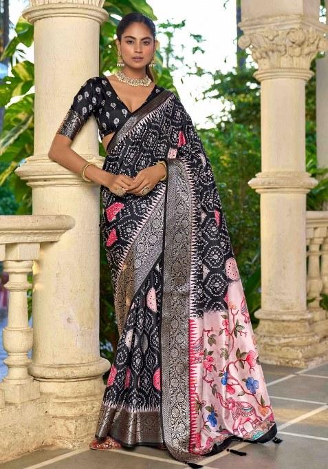 Black Printed Silk Blend Saree Set