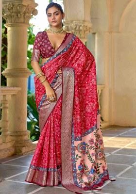 Pink Printed Silk Blend Saree Set