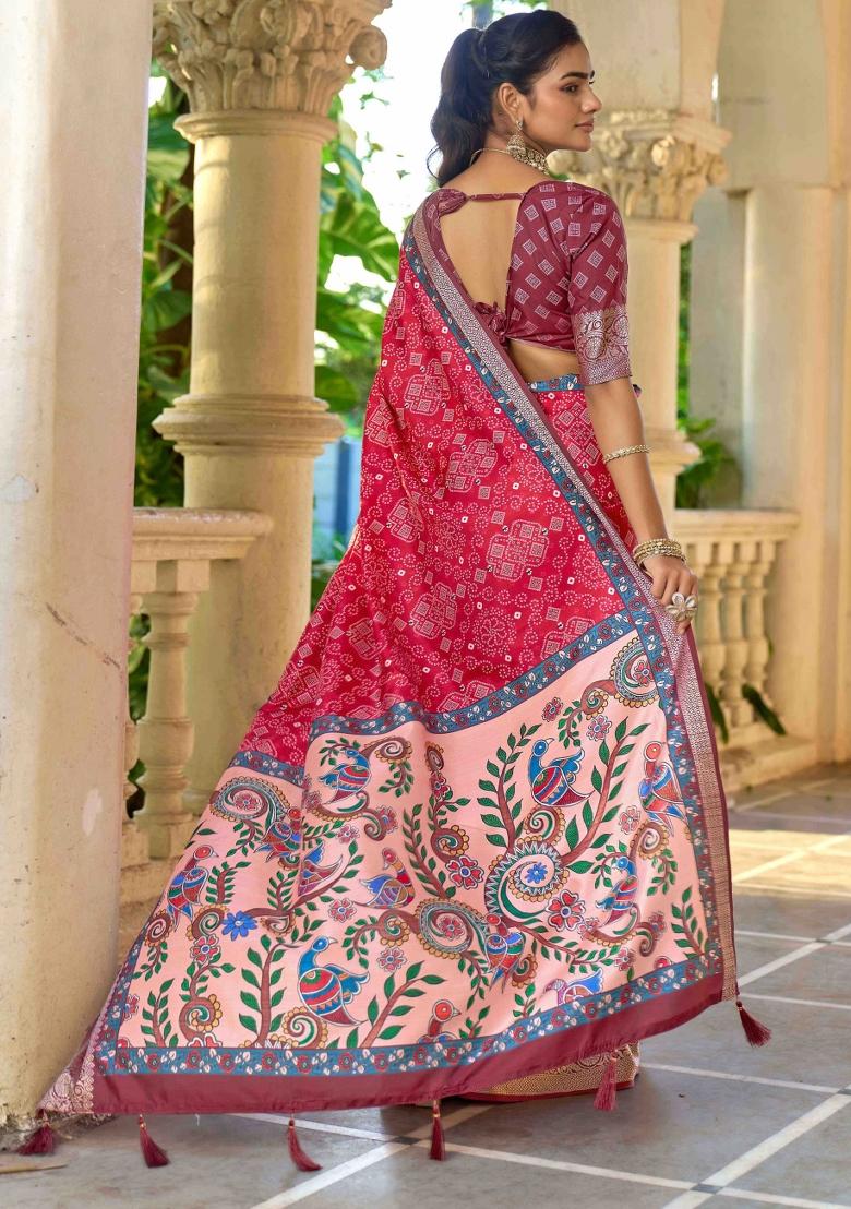 Pink Printed Silk Blend Saree Set - Indya