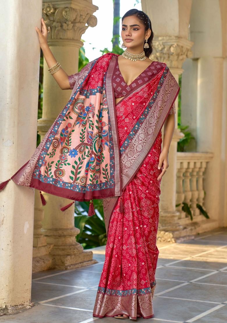 Pink Printed Silk Blend Saree Set - Indya
