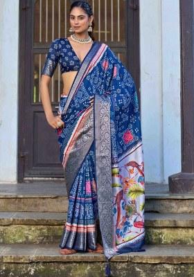 Blue Printed Silk Blend Saree Set