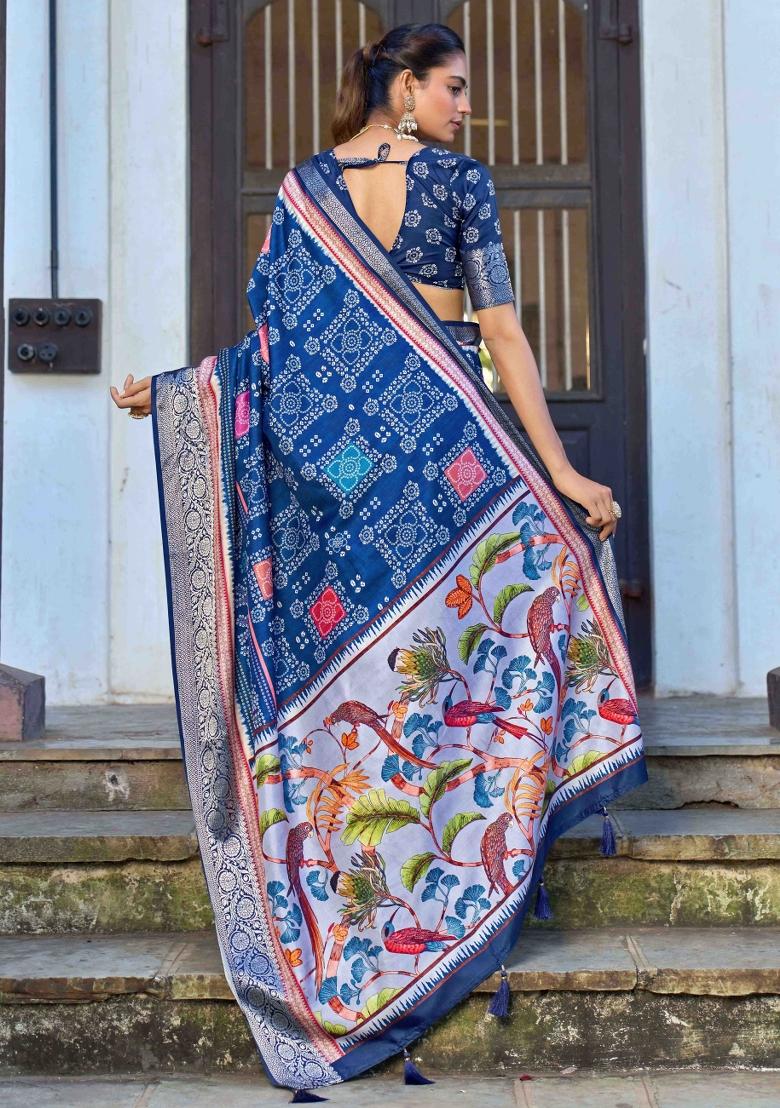 Blue Printed Silk Blend Saree Set - Indya