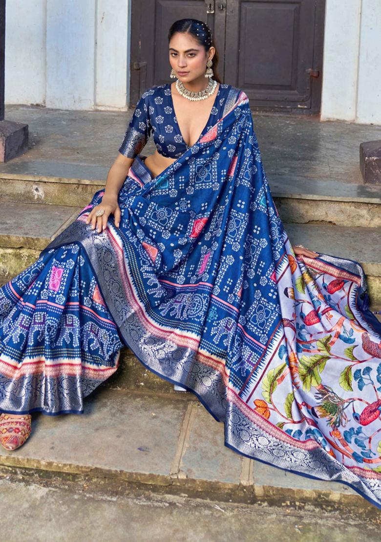 Blue Printed Silk Blend Saree Set - Indya