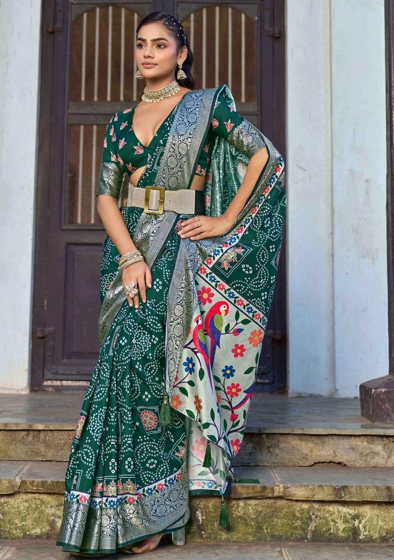 Green Printed Silk Blend Saree Set - Indya