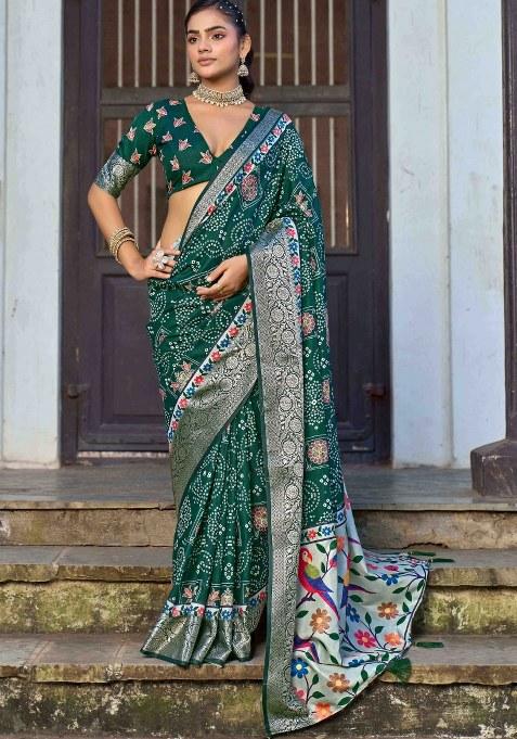 Green Printed Silk Blend Saree Set