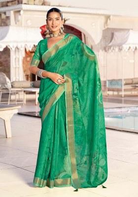 Green Printed Blended Cotton Saree Set