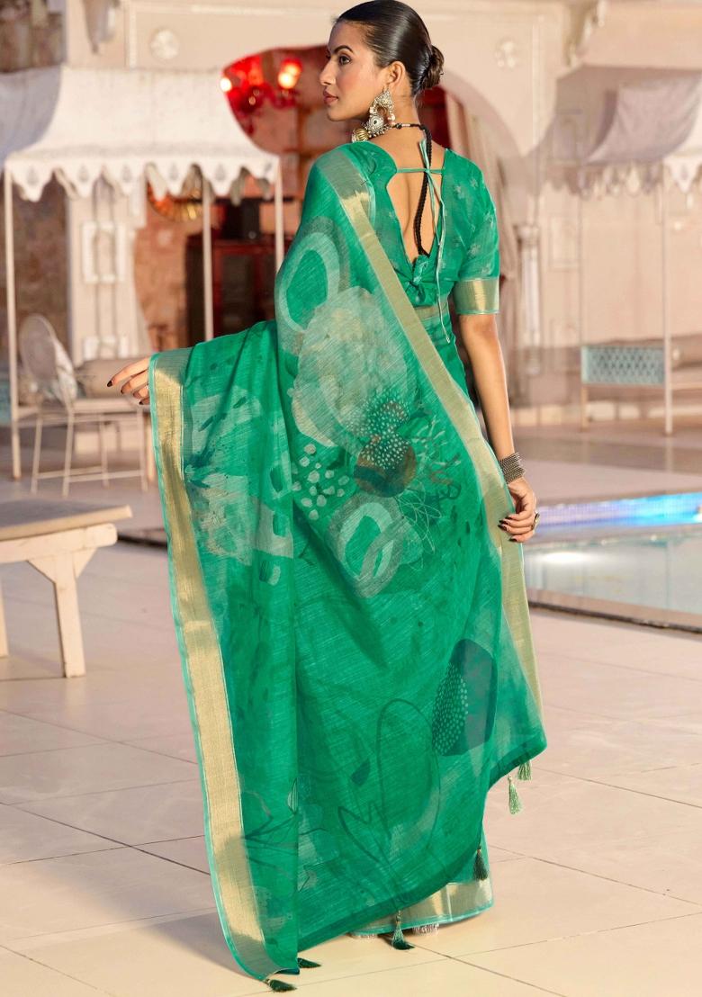 Green Printed Blended Cotton Saree Set - Indya
