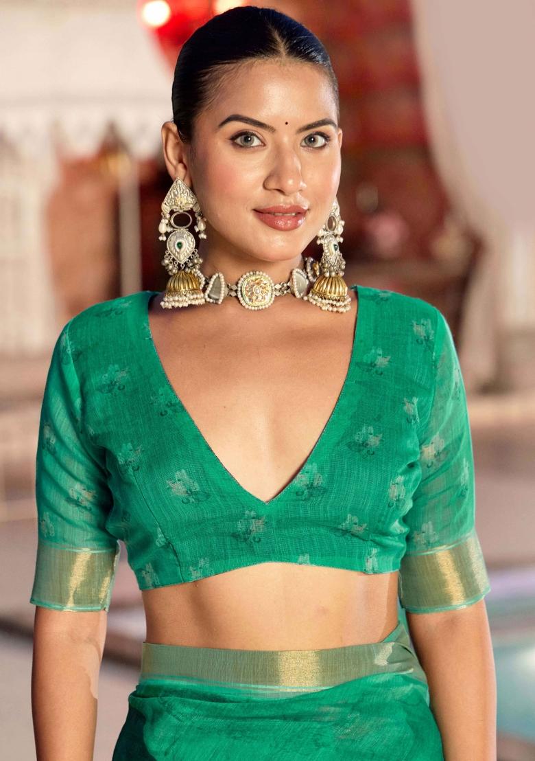 Green Printed Blended Cotton Saree Set - Indya