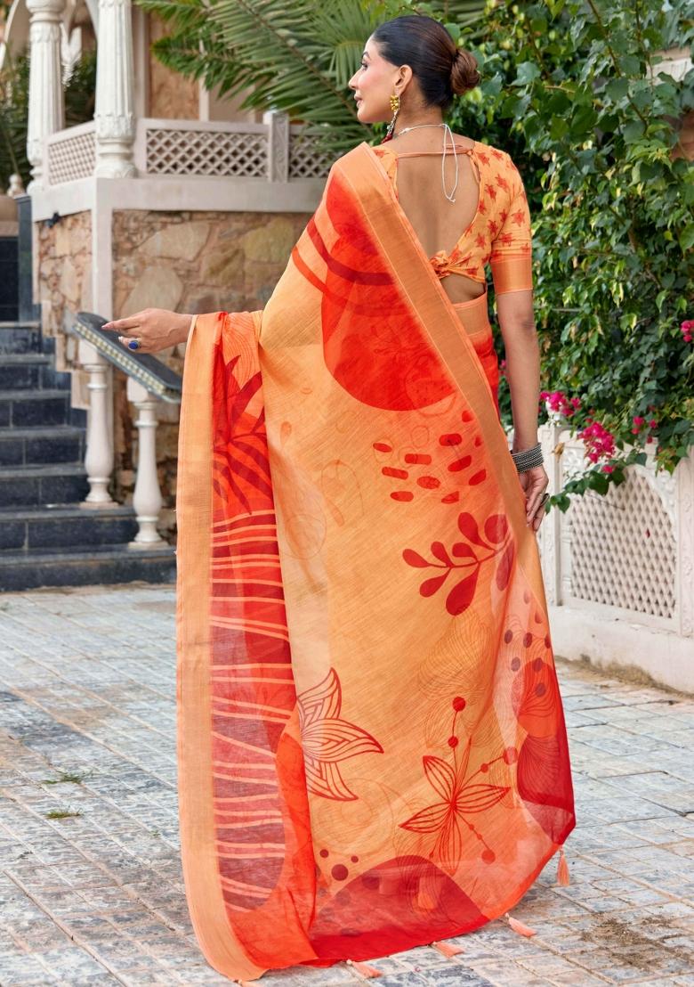 Orange Printed Blended Cotton Saree Set - Indya