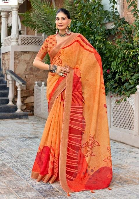 Orange Printed Blended Cotton Saree Set