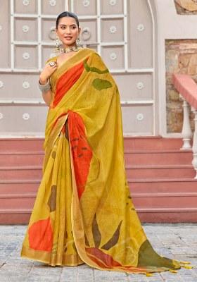 Yellow Printed Blended Cotton Saree Set
