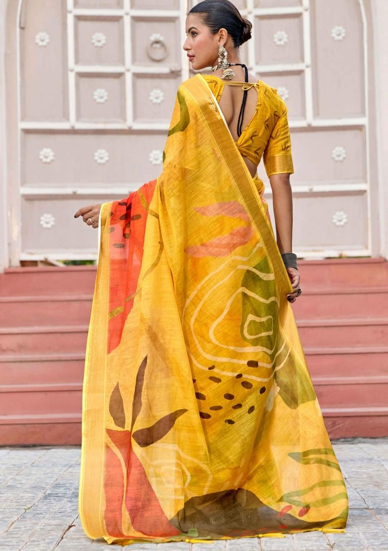 Yellow Printed Blended Cotton Saree Set - Indya