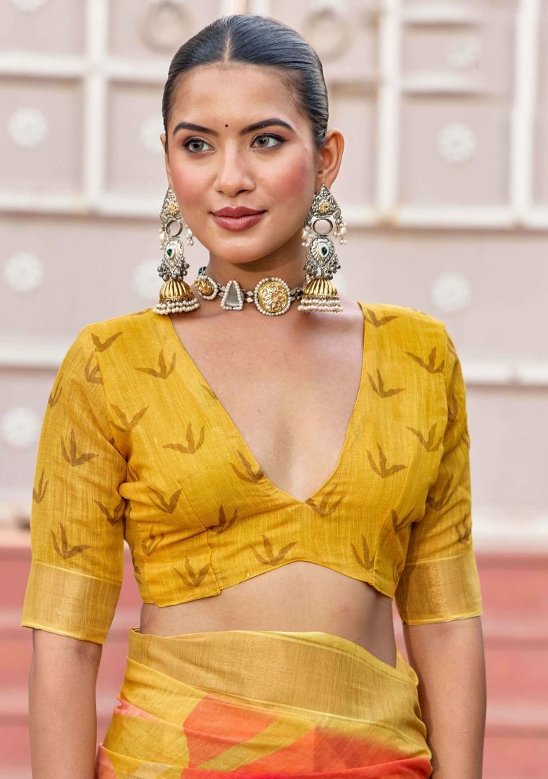 Yellow Printed Blended Cotton Saree Set - Indya