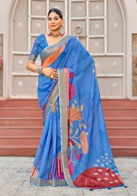 Blue Printed Blended Cotton Saree Set