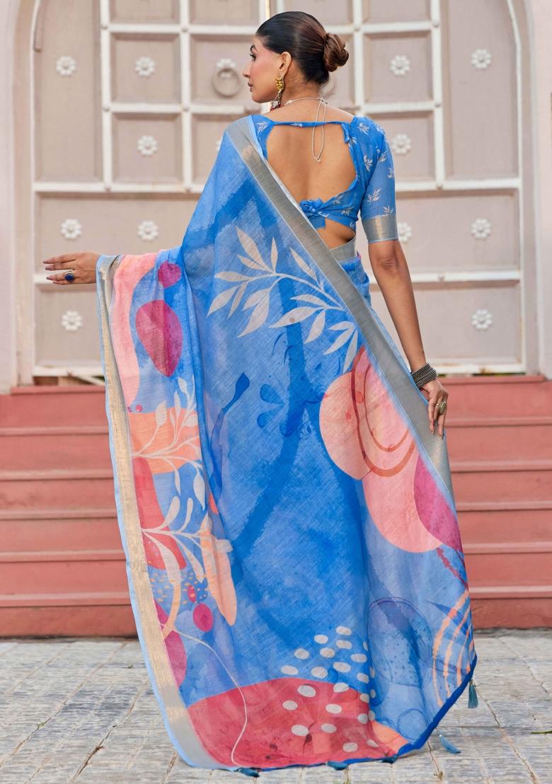 Blue Printed Blended Cotton Saree Set - Indya