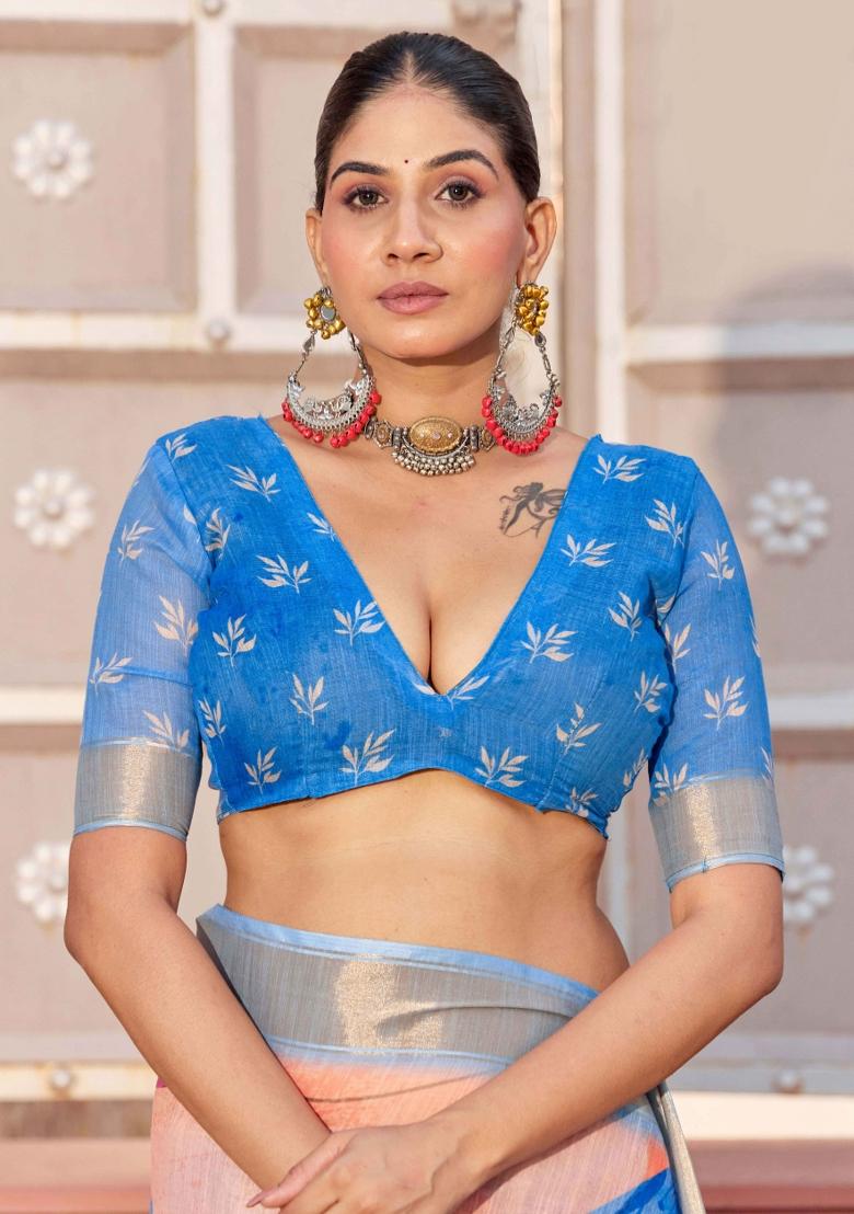 Blue Printed Blended Cotton Saree Set - Indya