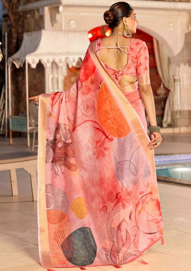 Peach Printed Blended Cotton Saree Set - Indya