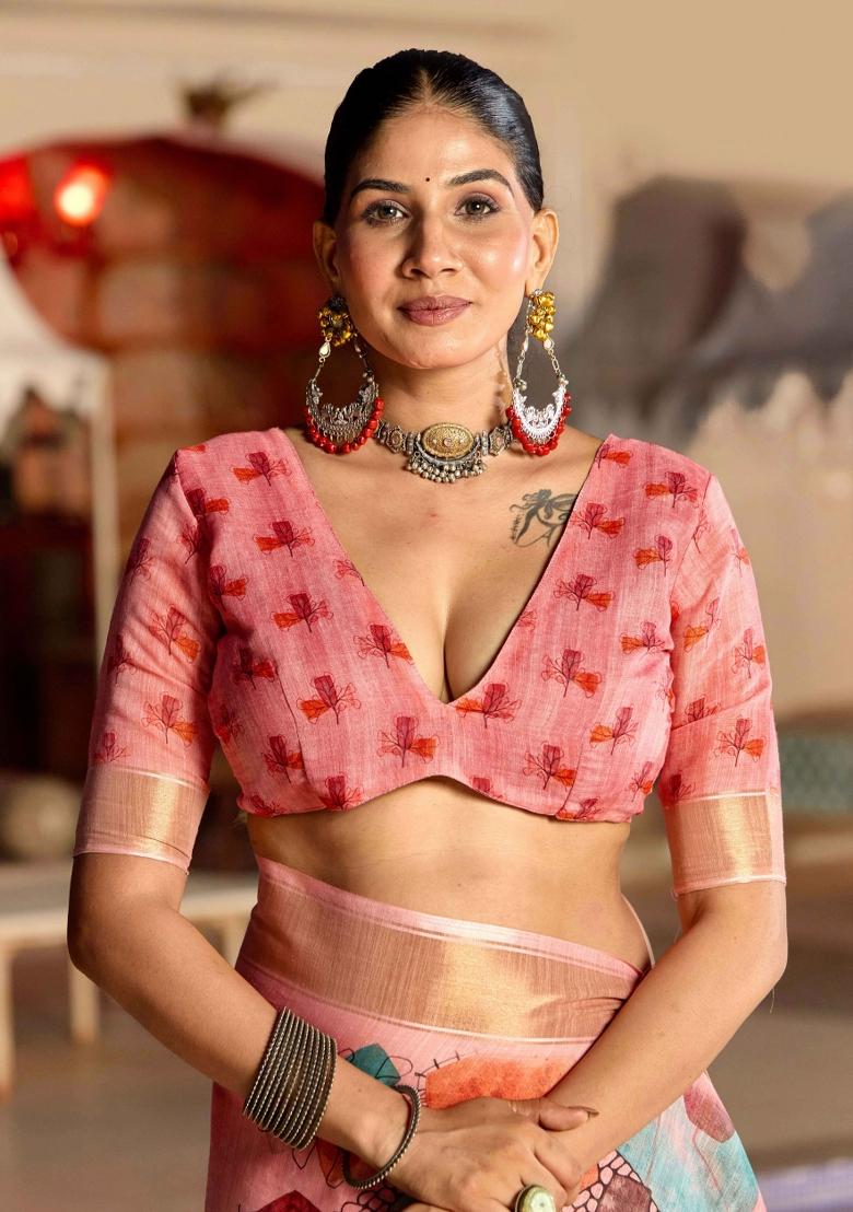 Peach Printed Blended Cotton Saree Set - Indya