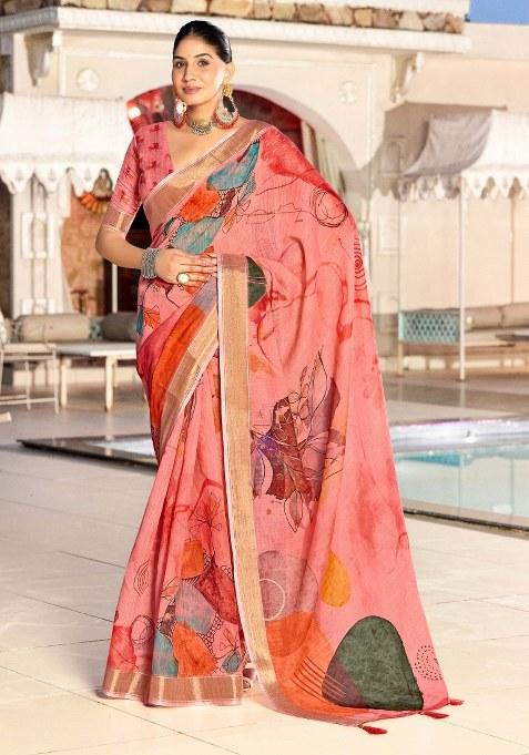 Peach Printed Blended Cotton Saree Set