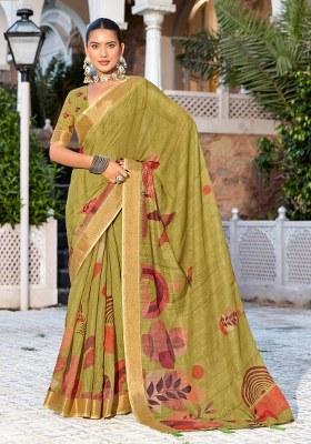Green Printed Blended Cotton Saree Set