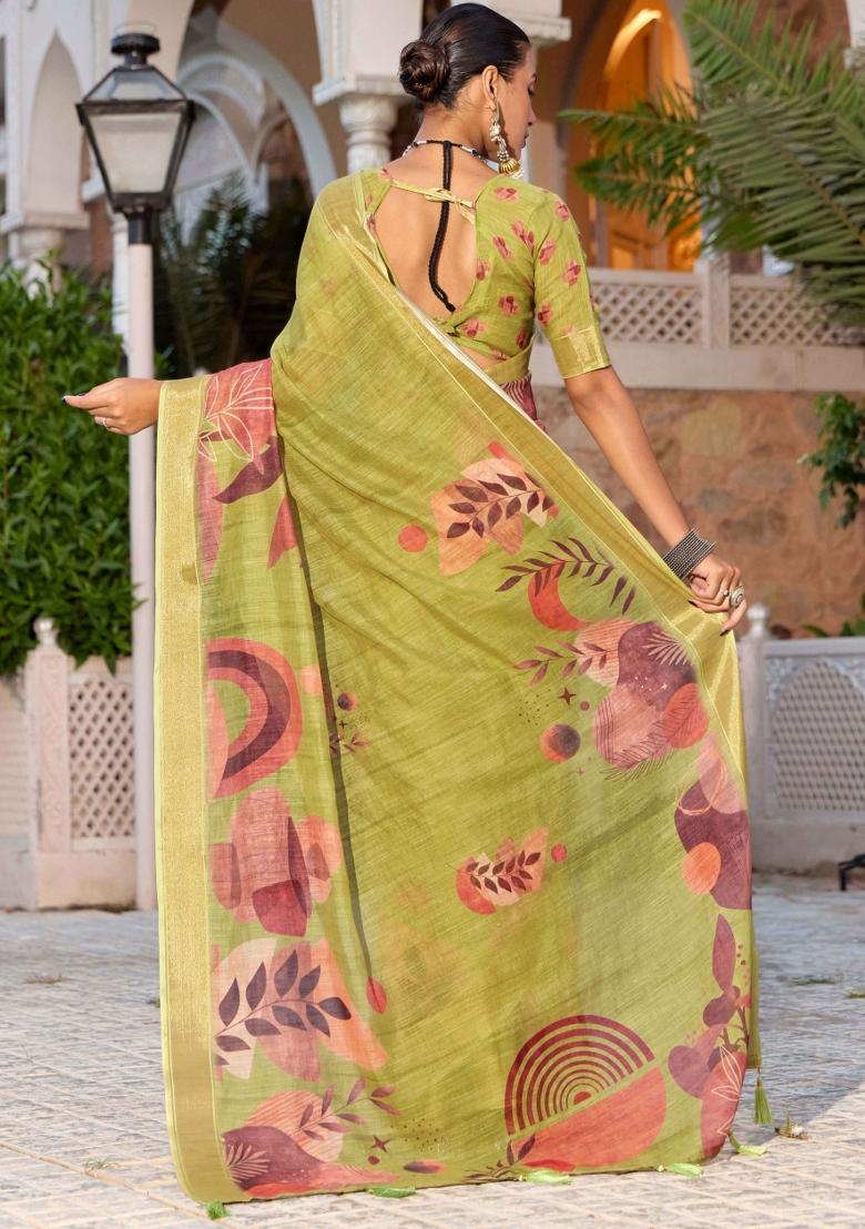 Green Printed Blended Cotton Saree Set - Indya