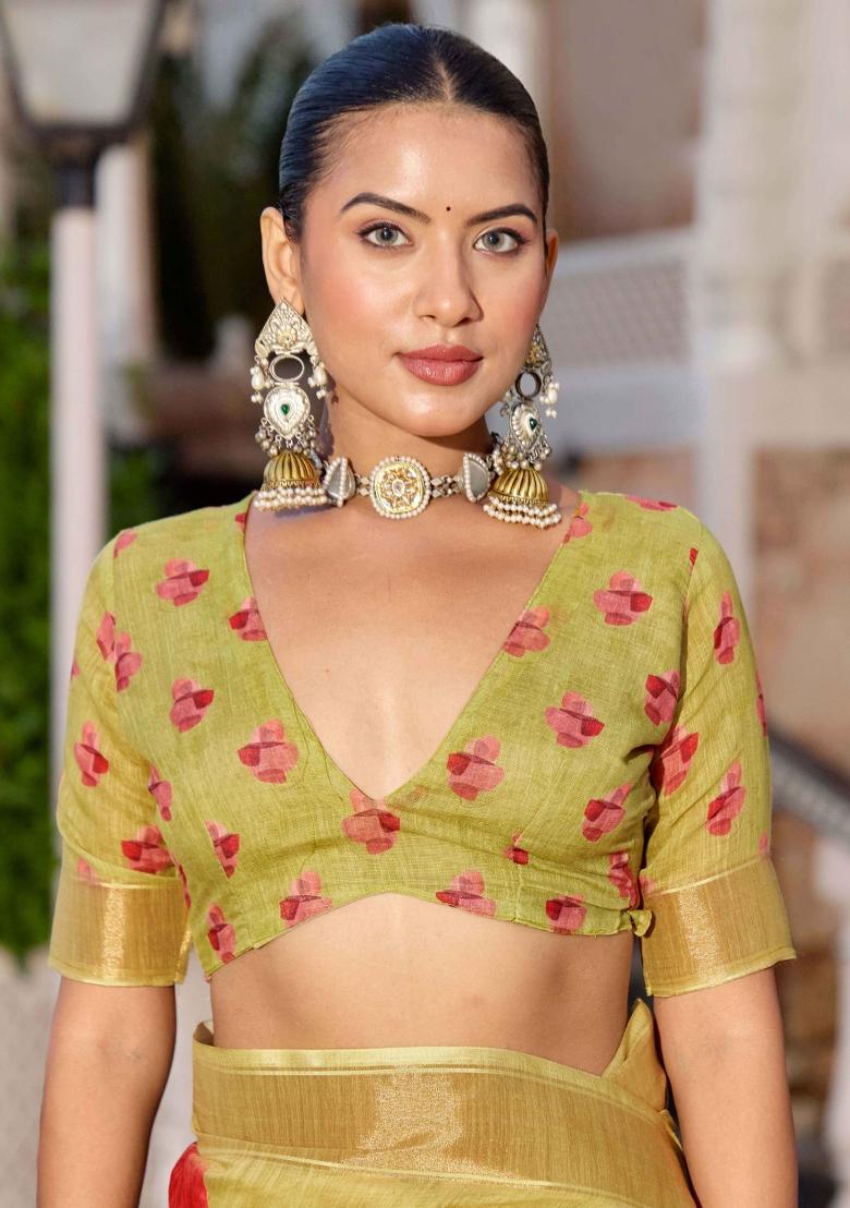 Green Printed Blended Cotton Saree Set - Indya