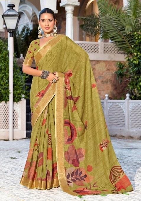 Green Printed Blended Cotton Saree Set