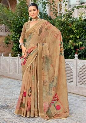 Beige Printed Blended Cotton Saree Set