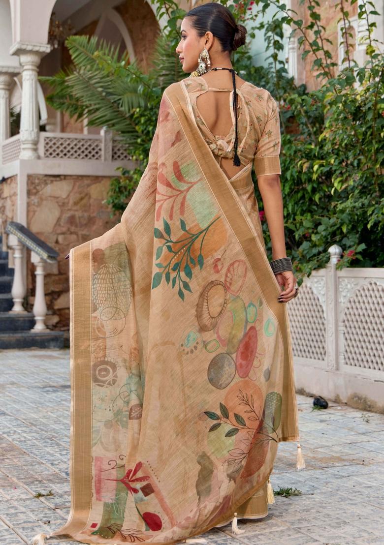 Beige Printed Blended Cotton Saree Set - Indya
